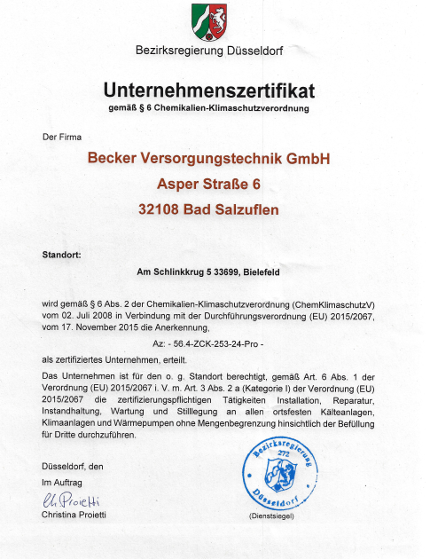 Zertifikat Chemikalien -Klimaschutzverordnung